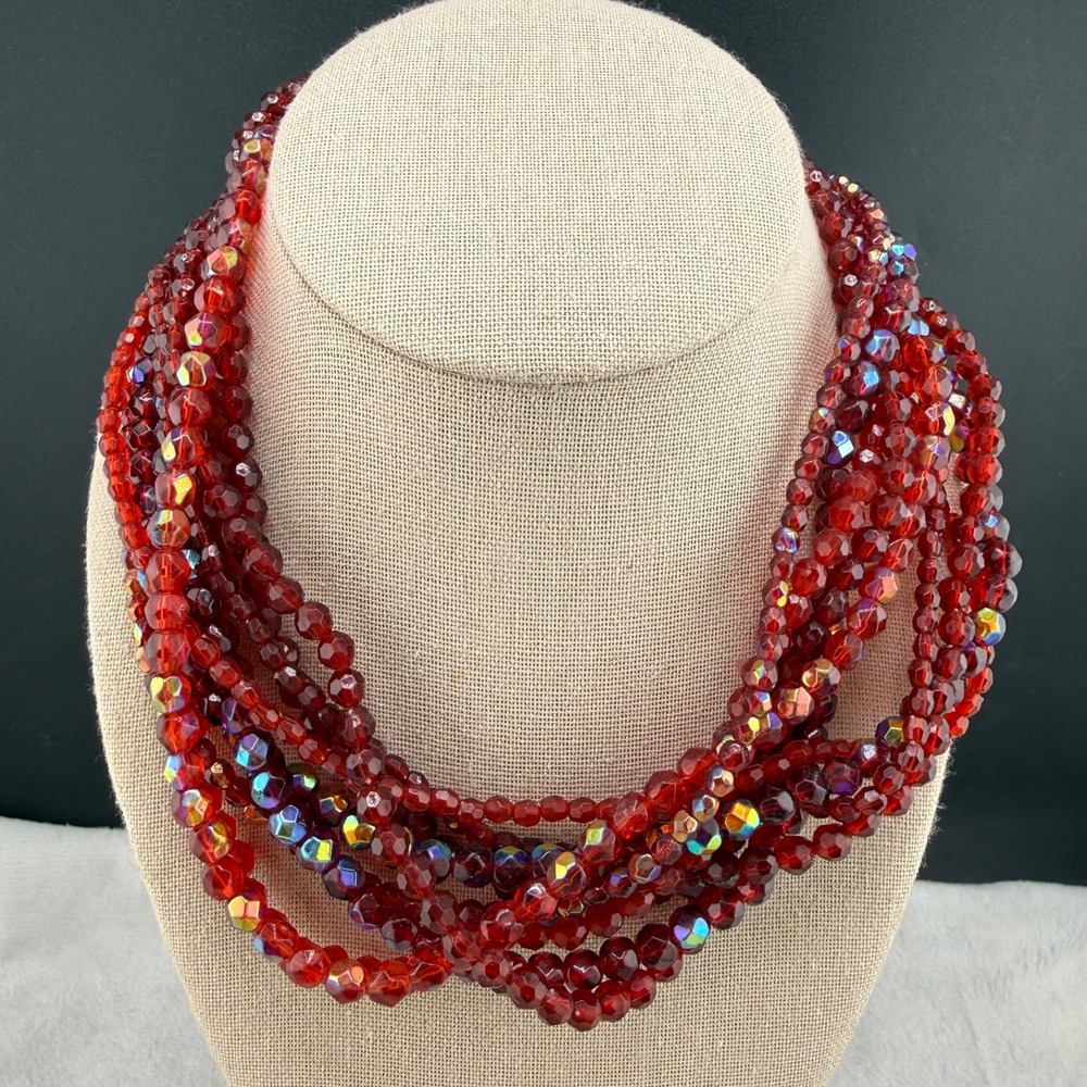 Layered Necklace AB Beaded Red Adjustable 17"